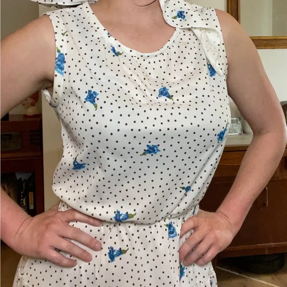 Vintage 70s 2 Piece set white Polka Dot Dress w/ Flowers matching shawl M Medium - Picture 4 of 6